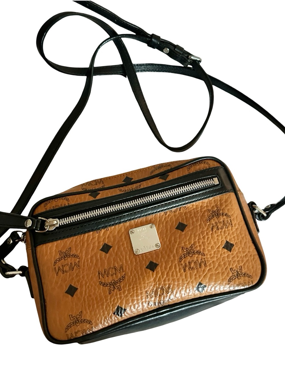 MCM Cognac Visetos Crossbody with Black Trim and Silver Hardware